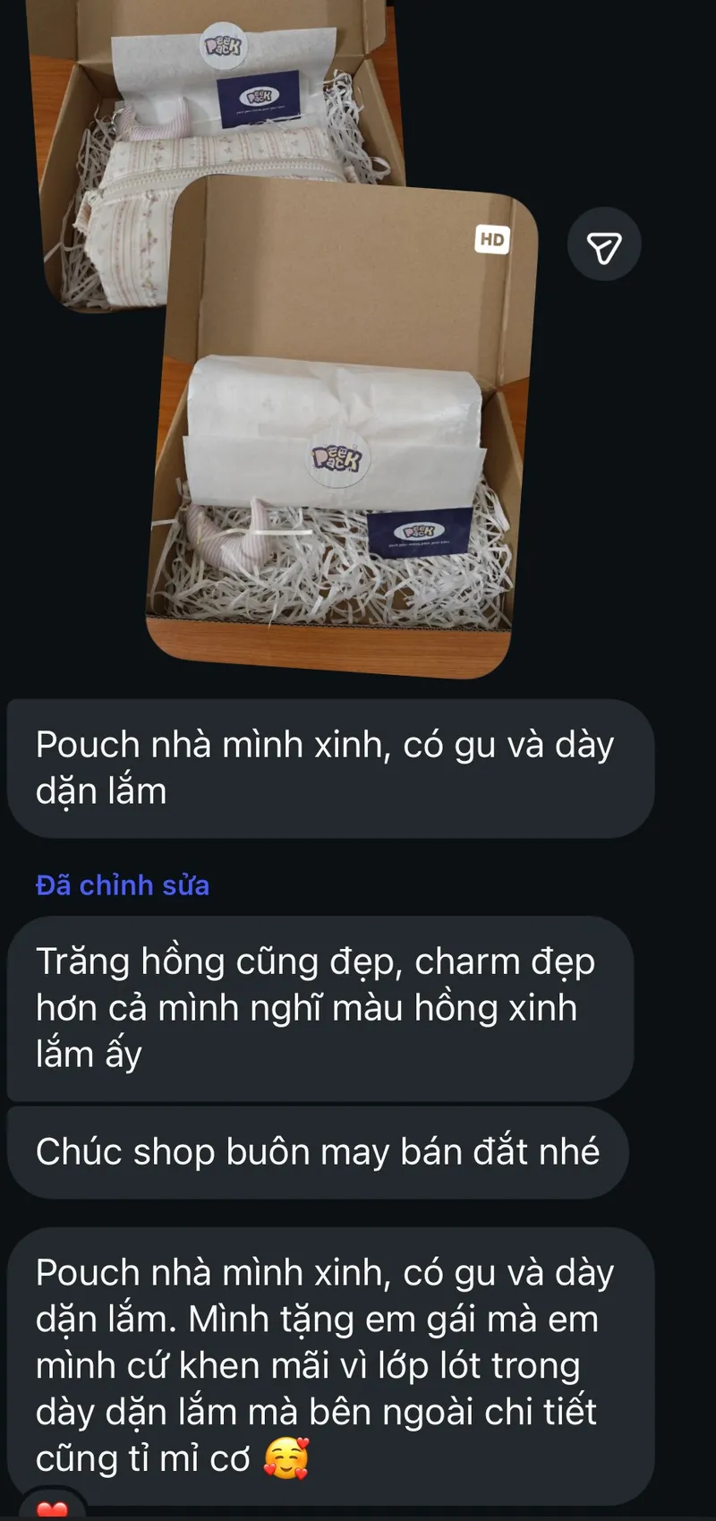 Khách nhắn: “Pouch nhà mình xinh, có gu và dày dặn lắm, trăng hồng cũng đẹp”