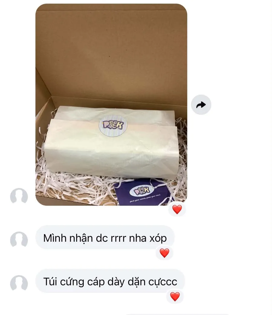 Khách nhắn: “Mình nhận được rồi nha xốp, túi cứng cáp dày dặn cực” kèm ảnh hộp quà peekpack.