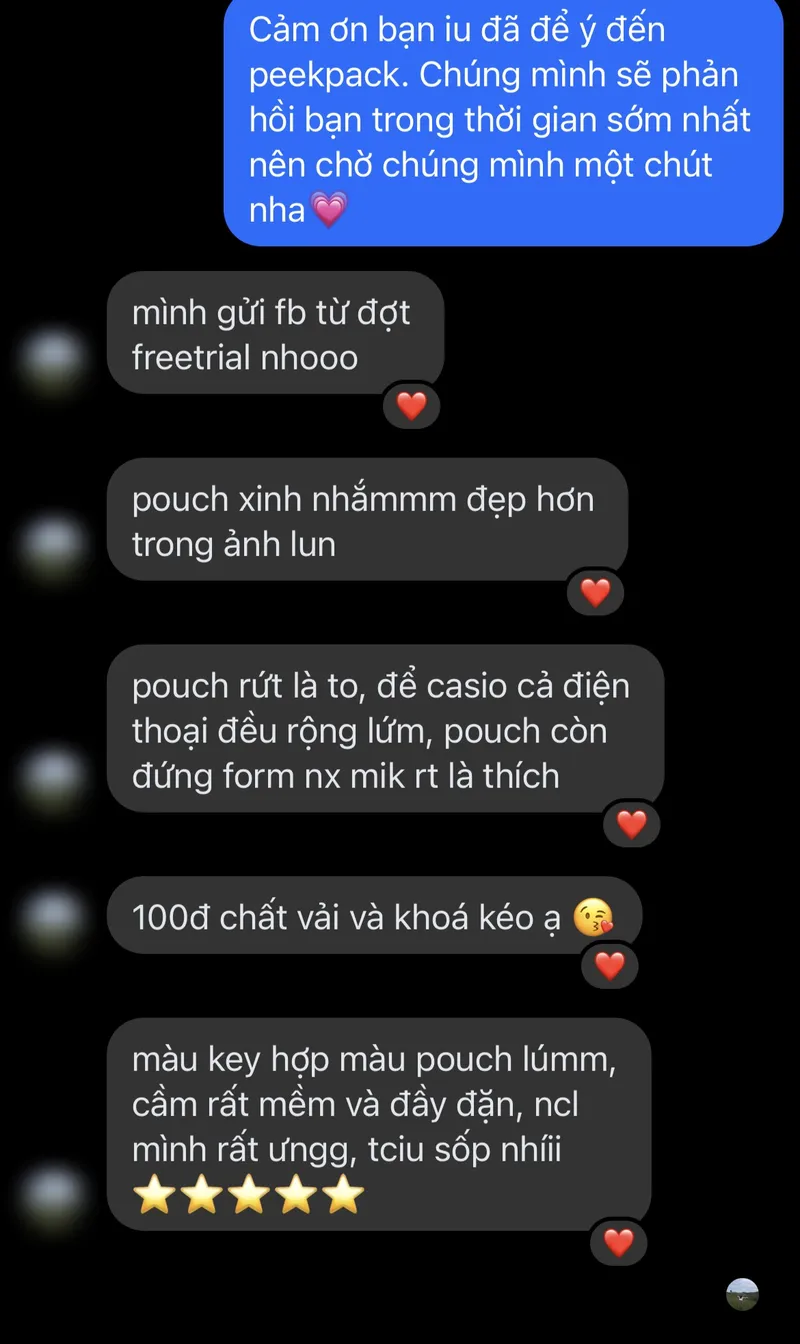 Khách nhắn: “pouch xinh nhắmmm đẹp hơn trong ảnh lun, màu key hợp màu pouch lúmm” kèm 5 sao